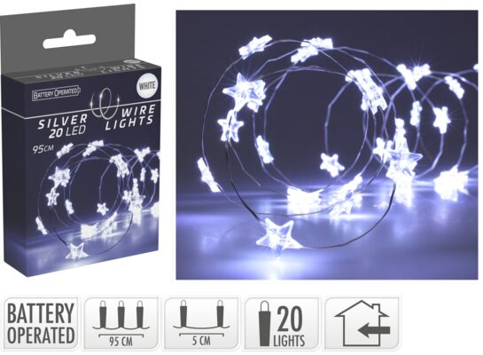 Drut srebrny z gwiazdkami 20 LED zimny biały 95 cm