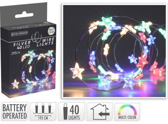 Drut srebrny z gwiazdkami 40 LED 195 cm multikolor