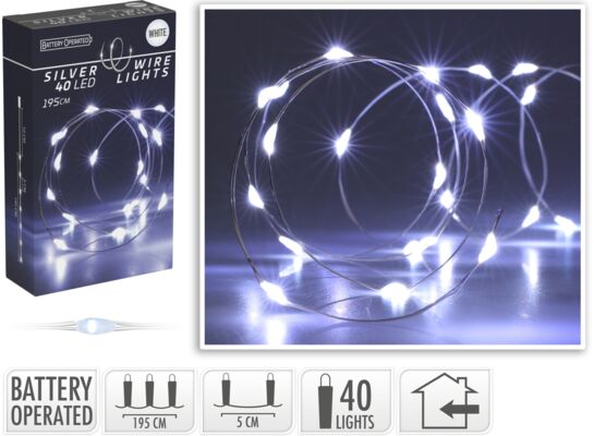 Drut srebrny 40 LED zimny biały 195 cm