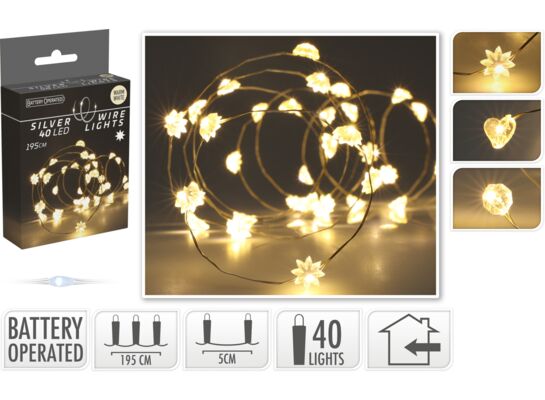 Drut srebrny z dekorem 40 LED zimny biały 195 cm mix wzorów