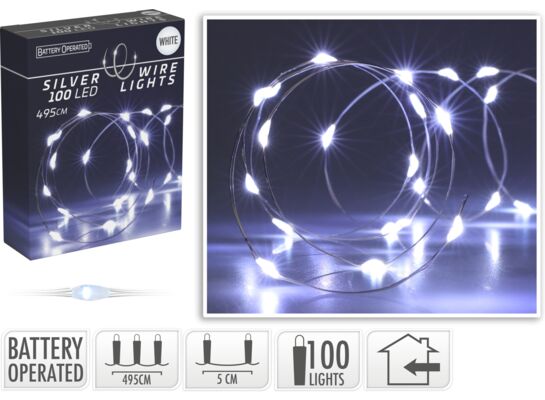 Drut srebrny 100 LED zimny biały 495 cm