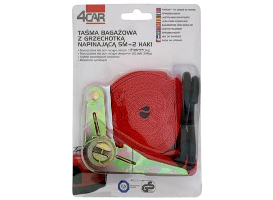 Pas grzechotka + 2x hak 5m/25mm (TÜV GS) 4Car