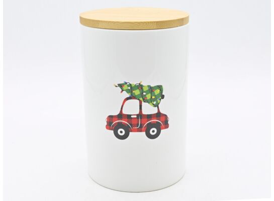 Pojemnik ceramiczny z dekorem samochód 700 ml 10 x 10 x 16 cm biały