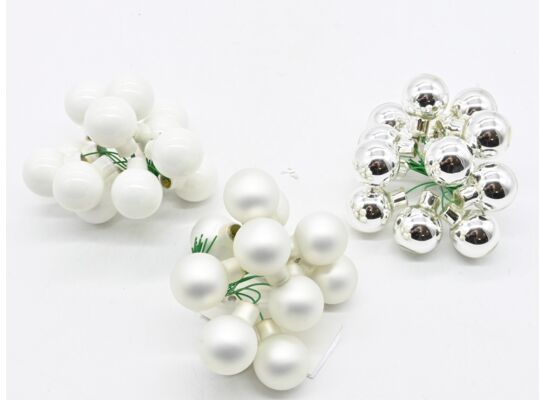 Wiązka bombek szklanych na druciku 2,5 cm 12 sztuk biały / srebrny