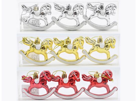 Zawieszka plastikowa konik na biegunach 8 cm 3 sztuki czerwony / złoty / srebrny