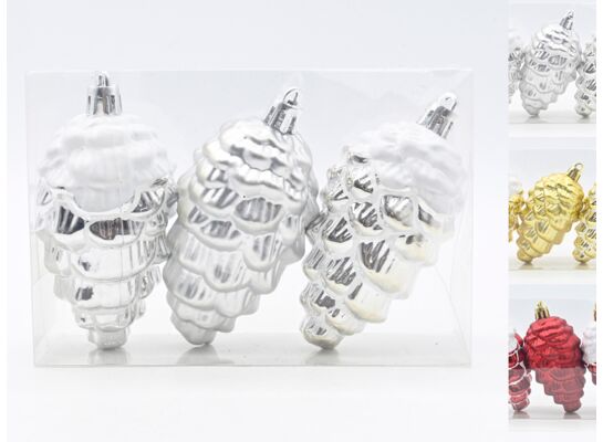 Bombka plastikowa szyszka 3 sztuki złoty / czerwony / srebrny