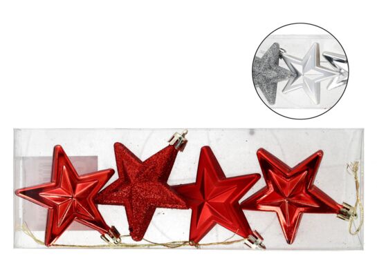 Bombka plastikowa gwiazda 7 cm 4 sztuki czerwony / złoty / srebrny