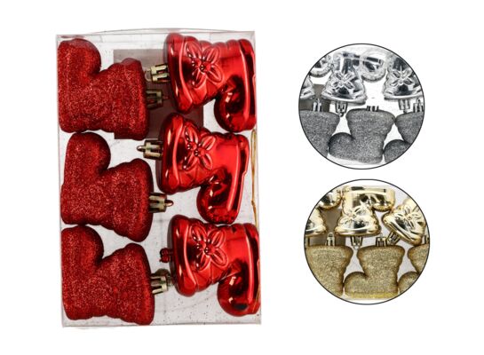 Bombka plastikowa but 6 cm 6 sztuk czerwony / złoty / srebrny