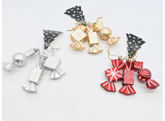 Zawieszka plastikowa cukierki 9 cm 3 sztuki czerwony / złoty / srebrny