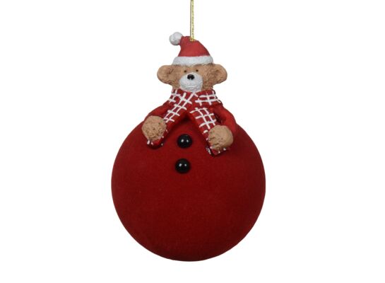 Bombka szklana flokowana z misiem 8 cm bordowy