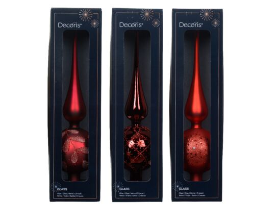 Czubek na choinkę szklany dekorowany brokatem 8 x 31 cm mix wzorów czerwony