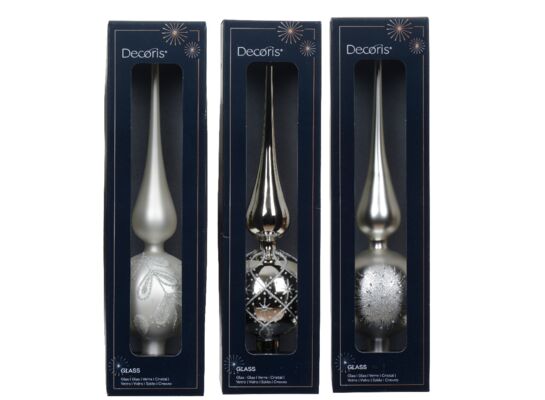 Czubek na choinkę szklany dekorowany 8 x 31 cm mix wzorów biały / srebrny