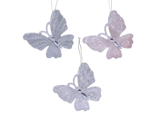 Zawieszka motyl plastikowa z brokatem srebrny / biały / różowy