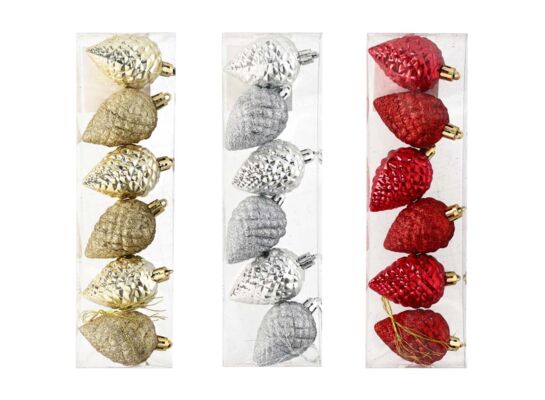 Bombka plastikowa szyszka 8 cm 6 sztuk czerwony / srebrny / złoty