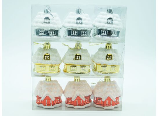Zawieszka plastikowa domek 6 x 4,5 cm 3 sztuki czerwony / srebrny / złoty