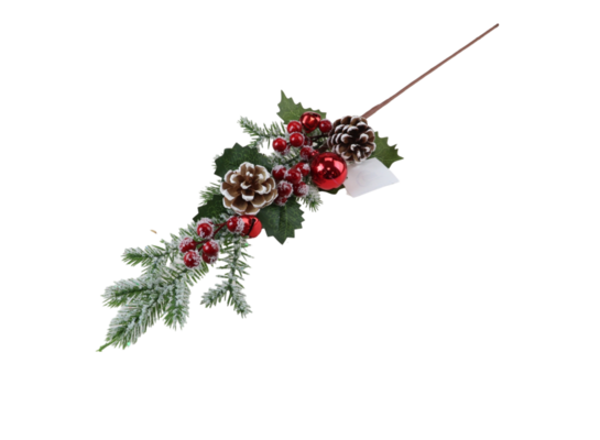 Gałązka dekoracyjna z szyszkami jarzębiną i bombkami oszroniona 72 cm