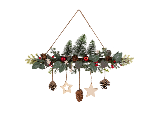 Gałązka dekoracyjna z wiszącymi szyszkami i gwiazdami 50 x 45 cm