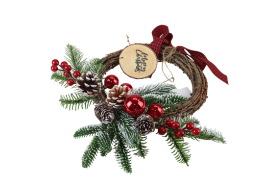 Wianek bożonarodzeniowy z szyszkami jarzębiną i bombkami 30 cm
