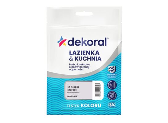 Farba lateksowa o podwyższonej odporności ŁAZIENKA & KUCHNIA TESTER Kropla szarości 0,03 l Dekoral