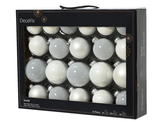 Zestaw bombek szklanych 5 / 6 / 7 cm 21 sztuk biały