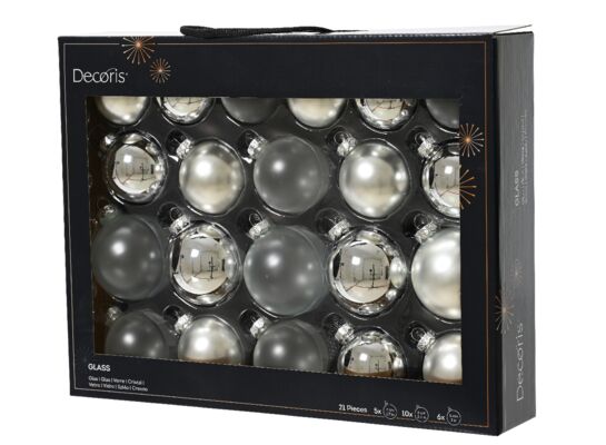 Zestaw bombek szklanych 5 / 6 / 7 cm 21 sztuk srebrny