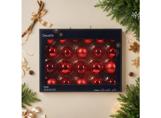 Zestaw bombek szklanych 5 / 6 / 7 cm 21 sztuk czerwony