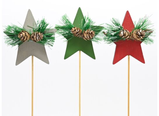 Gwiazdka z gałązką i szyszkami na piku 32,5 x 7 cm srebrny / zielony / czerwony