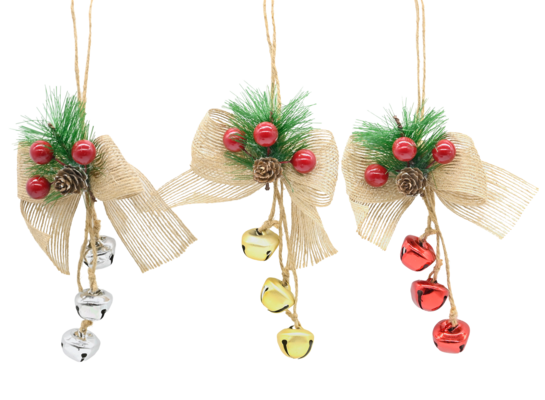 Zawieszka z dzwonkami i kokardą 21 cm srebrny / złoty / czerwony