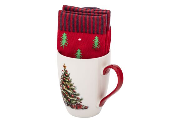 Kubek świąteczny 360 ml i skarpetki w choinki czerwony