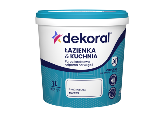 Farba lateksowa odporna na wilgoć ŁAZIENKA & KUCHNIA Śnieżnobiała 1 l Dekoral