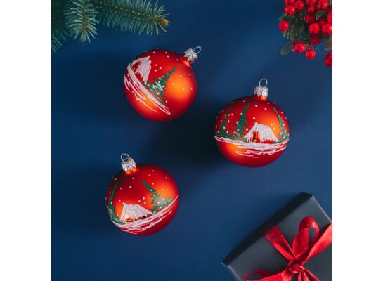 Bombka szklana pejzaż zimowy 8 cm 4 sztuki czerwony