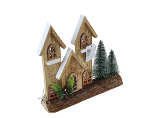 Figurka drewniana LED domek z drzewami 30 x 30 cm