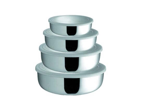 Komplet 4 nierdzewnych misek z pokrywkami