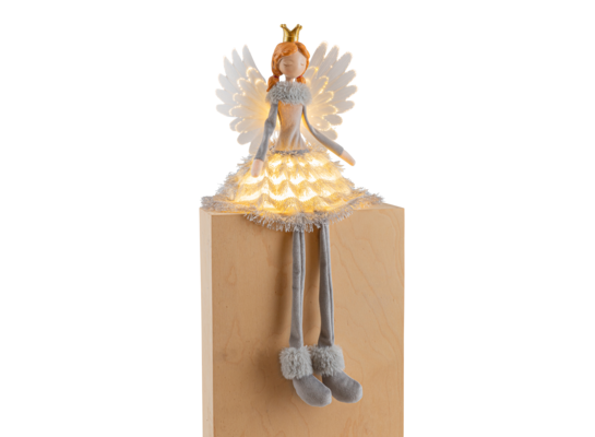 Figurka tekstylna LED anioł z koroną i wiszącymi nogami 53 cm szary