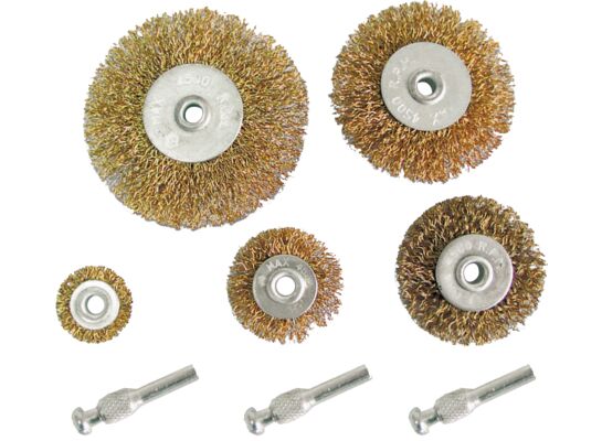 Szczotki stalowe 25, 40, 50, 60, 75 komplet 5 sztuk + 3 trzpienie