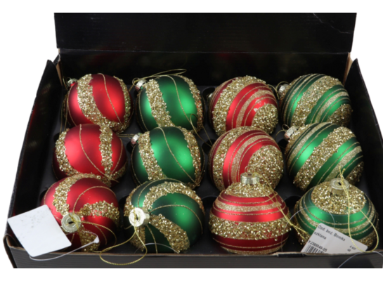 Bombka szklana dekorowana brokatem 8 cm czerwono-złoty / zielono-złoty