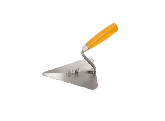 Kielnia murarska trójkątna seria 30 ze stali nierdzewnej 18 x 18 cm drewniana żółta rączka Hardy