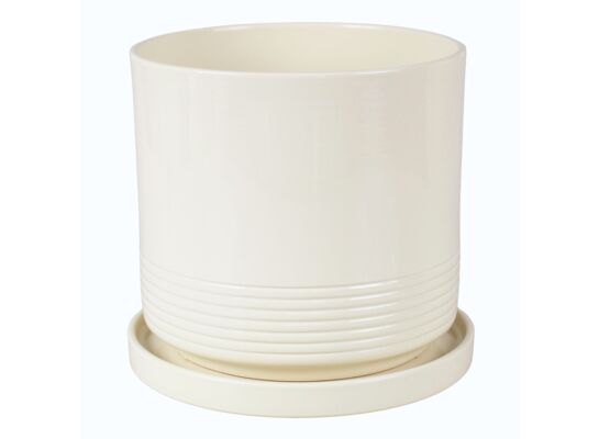 Doniczka cylinder Rille 17 cm + podstawka kremowy