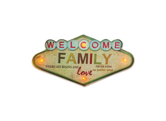 Znak metalowy RETRO LED welcome family forever light