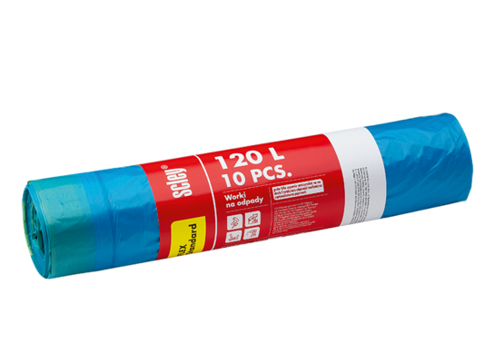Worki na odpady z taśmą ściągającą Flex Standard niebieskie 120 l grubość 30 μm 25 sztuk Scley