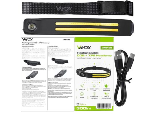 Latarka czołowa akumulatorowa 2x COB + XPE VA0129 vayox