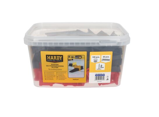 Zestaw do poziomowania płytek w wiaderku: Klipsy fuga 2 mm płytki 3-16 mm 100 sztuk + kliny 50 sztuk Hardy