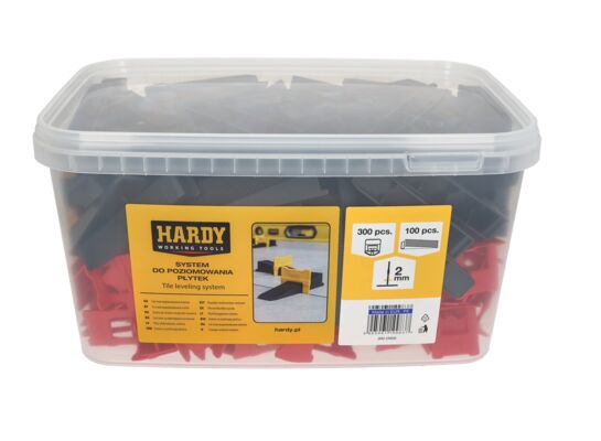 Zestaw do poziomowania płytek w wiaderku: Klipsy fuga 2 mm płytki 3-16 mm 300 sztuk + kliny 100 sztuk Hardy
