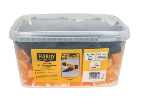 Zestaw do poziomowania płytek w wiaderku: Klipsy fuga 3 mm płytki 3-16 mm 300 sztuk + kliny 100 sztuk Hardy