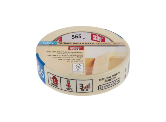 Taśma maskująca seria 565, 25 mm x 50 m biała kauczuk Scley