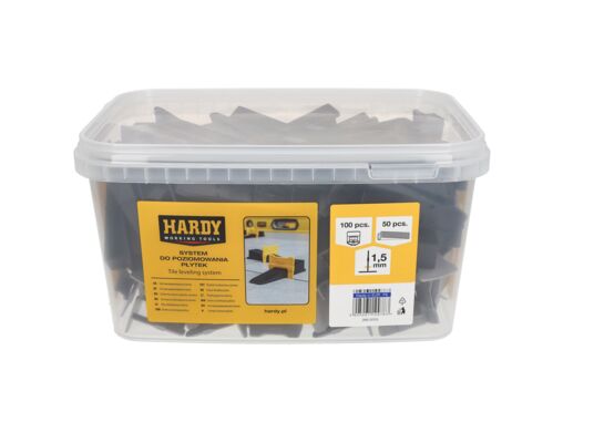 Zestaw do poziomowania płytek w wiaderku: Klipsy fuga 1,5 mm płytki 3-16 mm 100 sztuk + kliny 50 sztuk Hardy