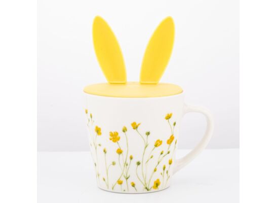 Kubek porcelanowy Kaczeńce z pokrywą silikonową uszy zająca 350 ml