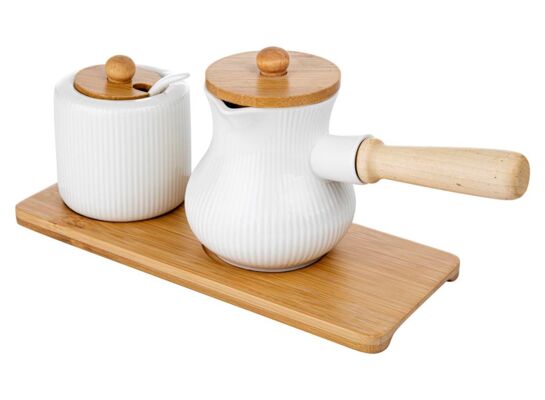 Cukiernica i dzbanek na mleko Alisa na podstawce 24,5 x 10,7 x 10,7 cm biały z elementami drewnianymi
