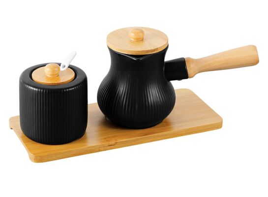 Cukiernica i dzbanek na mleko Alisa na podstawce 24,5 x 10,7 x 10,7 cm czarny z elementami drewnianymi