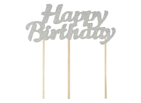 Dekoracja na tort piker Happy Birthday srebrny